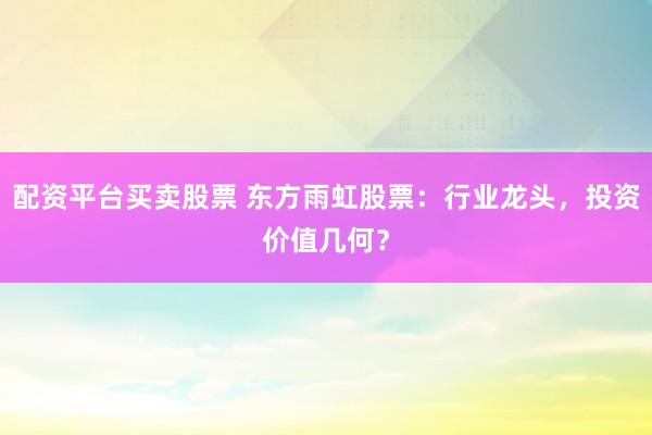 配资平台买卖股票 东方雨虹股票：行业龙头，投资价值几何？
