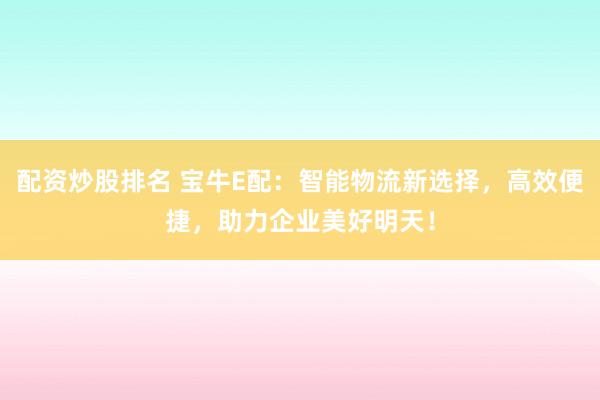 配资炒股排名 宝牛E配：智能物流新选择，高效便捷，助力企业美好明天！